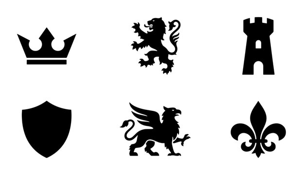 Heraldic Symbols Vector Icons: Crown, Lion, Castle, Shield, Griffin, Fleur-de-lis, Royal Emblems, Medieval Icons