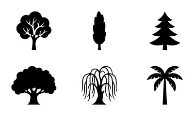 Diverse Tree Silhouettes Vector Set: Deciduous, Coniferous, Palm, Cypress, Willow Icons for Nature and Landscape Design © Labiba