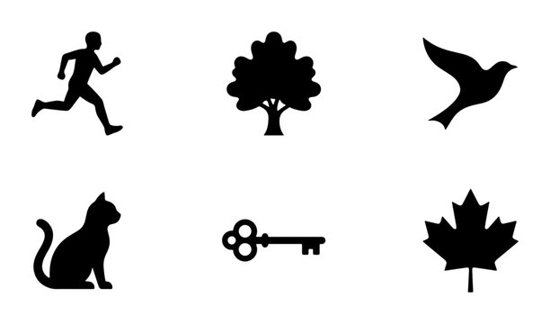 Black Silhouette Icons: Runner, Tree, Bird, Cat, Key, Maple Leaf. Simple Vector Graphics for Design.