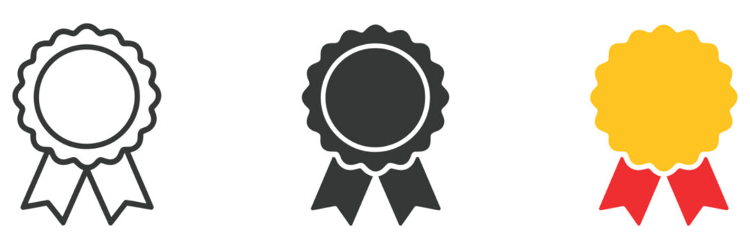 Medal Icon Set Featuring Approved Certification Symbols, Line, Glyph, and Flat Styles, Quality Award Elements, Check Mark Icons, and Number One Ranking Vector Illustration