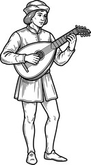 Naklejka premium Period musician standing and playing a lute in traditional renaissance costume