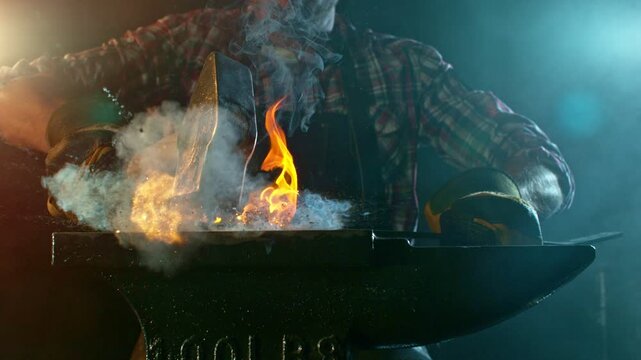 Cinematic close-up of blacksmith forging glowing hot iron on anvil with sparks flying. Shot in dramatic lighting on dark background with high-speed camera at 1000fps.