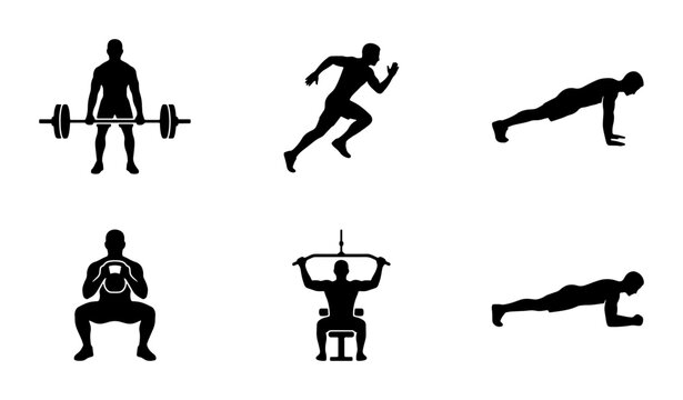 Fitness Icons Set: Weightlifting, Running, Plank, Squat, Lat Pulldown, Exercise Silhouettes for Health and Sports