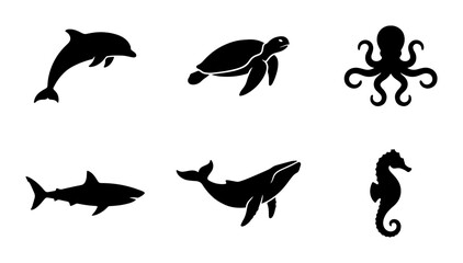 Marine Life Silhouettes Collection: Dolphin, Turtle, Octopus, Shark, Whale, Seahorse Icons, Ocean Creatures Vector Set © Labiba