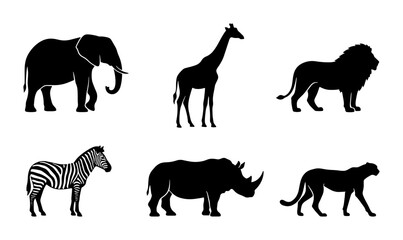 African Safari Animal Silhouettes Vector Set: Elephant, Lion, Giraffe, Zebra, Rhino, Cheetah Icons for Wildlife Design © Shorna