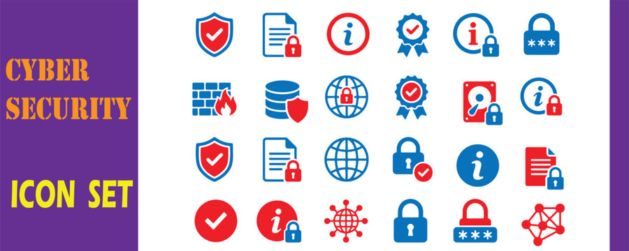 Cyber security icon set digital protection and data safety symbols bug report security protection document information computer internet password database firewall technology analysis