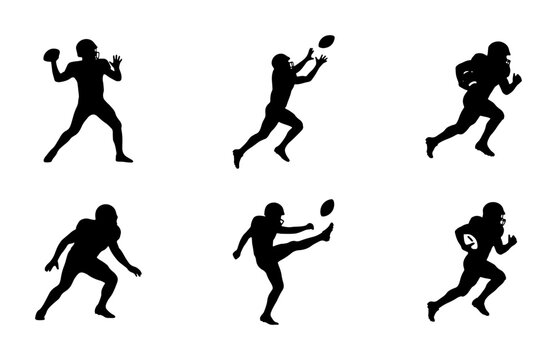 American Football Player Silhouettes, Action Poses Vector Set: Throwing, Catching, Running, Kicking