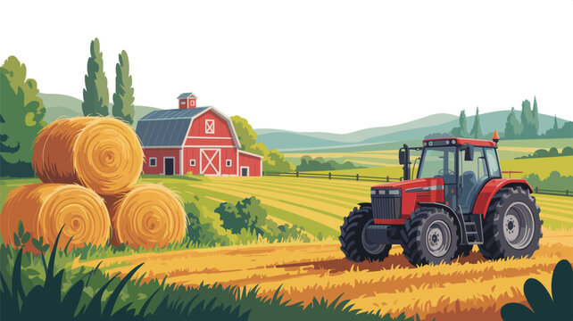 Modern rural farm landscape vector illustration with red tractor and hay bales isolated background