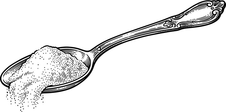 Silver spoon holding a mound of granulated white sugar