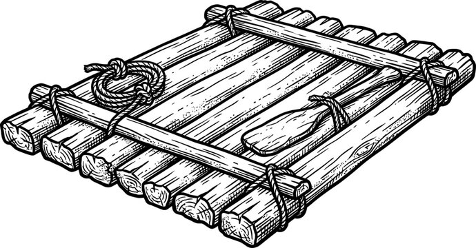 Simple timber raft with an oar tied to the logs