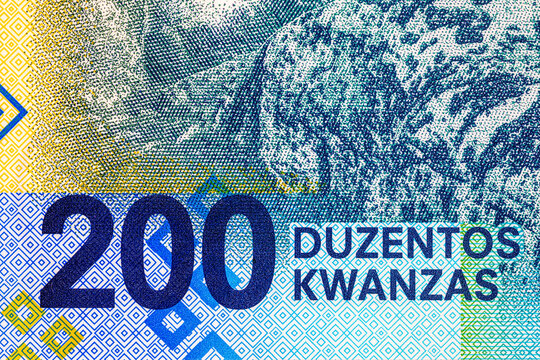 Angolan 200 Kwanzas banknote, featuring the scenic landscape of Pedras Negras de Pungu a Ndongo in Malanje province. Angolan money.