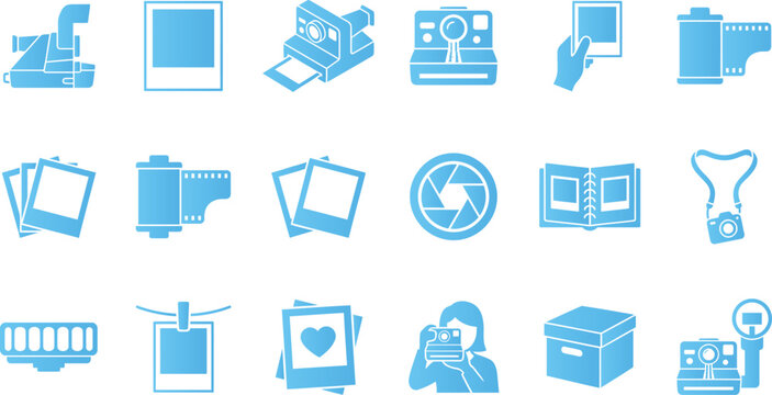 Collection of blue camera and photography icons on white background.