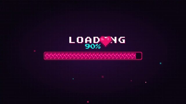 Pixel art heart loading bar animation on dark background