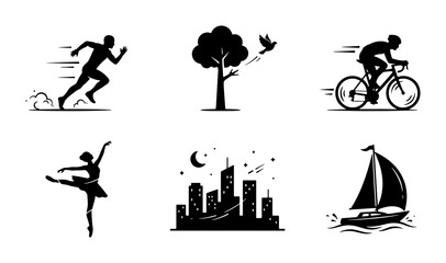 Dynamic Silhouette Icons: Runner, Tree, Cyclist, Ballerina, Cityscape, Sailboat. Vector Graphics for Lifestyle and Activity Themes. © Tamim