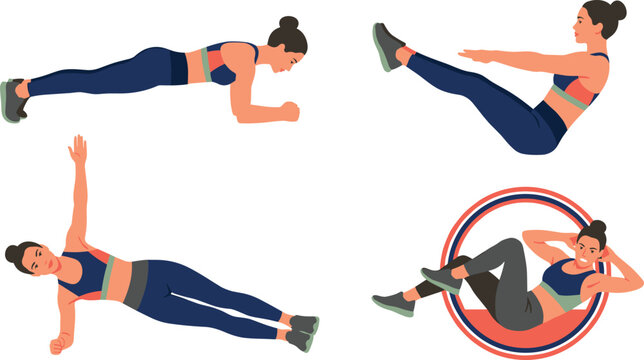 Women Abdominal Workout Vector Set Featuring Female Characters Doing Core Exercises Like Plank Side Plank V Sit And Bicycle Crunches