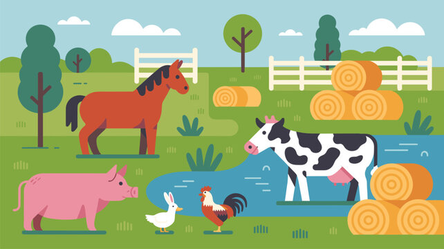 Flat farm animal barnyard vector illustration with countryside pond scene isolated on white background