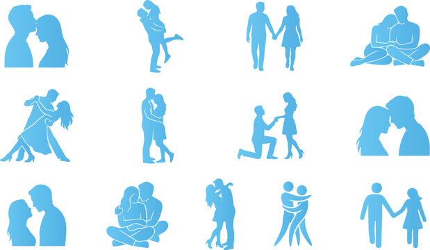 Couple icons set, various poses of people in love, romantic relationship symbols.
