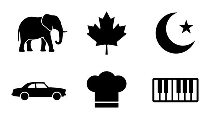 Diverse Icon Set: Elephant, Maple Leaf, Crescent Moon, Car, Chef Hat, Piano Keys, Black Silhouettes, Vector Graphics © Kawsar