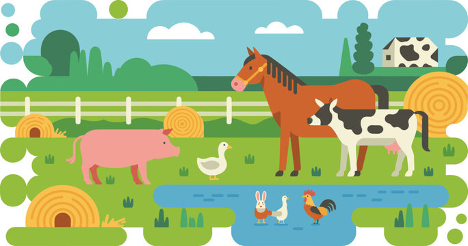 Flat farm animal barnyard vector illustration with countryside pond scene isolated on white background