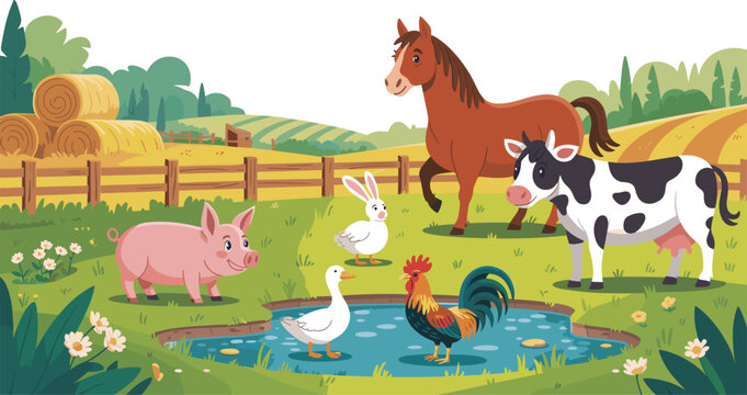 Modern countryside farm vector illustration with barnyard animals near pond isolated background