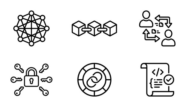 Blockchain Technology Icons: Network, Chain, Transactions, Security, Crypto, Code. Digital Assets for Web and App Design.