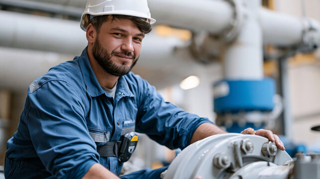 Paper mill bleach plant operator adjusting chlorine dioxide dosing pump inside chemical building, personal gas detector on belt, corrosion-resistant piping overhead, pulp brightening process control