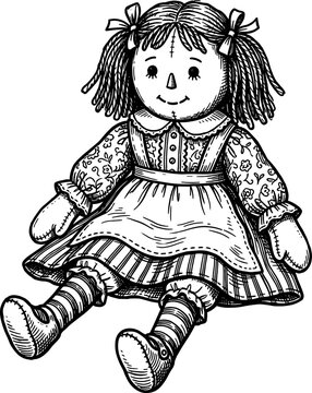 Vintage rag doll sitting in floral dress and pinafore
