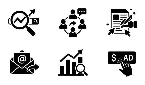 Digital Marketing Icons: SEO, Email, Analytics, Social Media, Advertising, Strategy Set