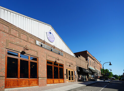 Wake Forest, NC - USA - 05-15-2026: Shops and restaurants on White Street in downtown Wake Forest, a growing community near Raleig