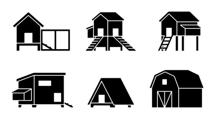 Chicken Coop Icons Set, Farm Animal Housing Vector Graphics, Poultry Shelter Illustrations, Barn and Hut Designs © Shakila