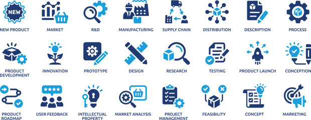 Fototapeta premium Product Development and Innovation Blue Business Icons Set for Research Manufacturing and Market Analysis