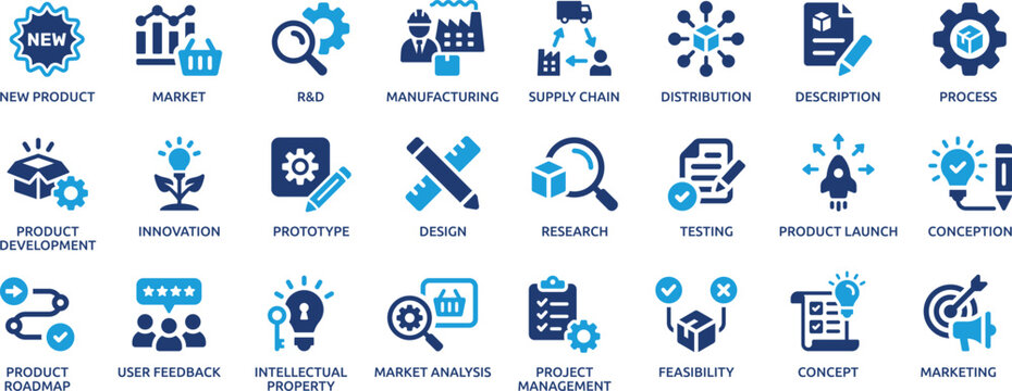 Product Development and Innovation Blue Business Icons Set for Research Manufacturing and Market Analysis