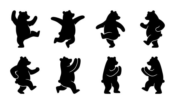 Dancing Bear Silhouettes, Playful Animal Poses Vector Set, Cute Forest Creature Graphics, Cartoon Character Actions Collection