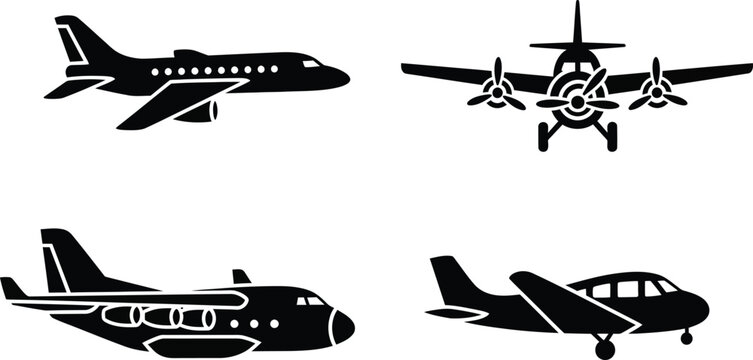 Four black airplane silhouettes, various styles and angles airplanes white background, aircraft