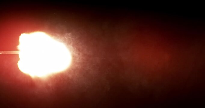 Rapid burst of multiple gun muzzle explosions isolated on black background. Bright fire flashes, sparks and smoke, ideal for VFX compositing, overlays, cinematic action sequences.