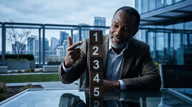 Executive holding a smartphone beside a tall numbered block column at an outdoor office terrace, illustrating digital communication, business planning, measurement, and strategic evaluation.