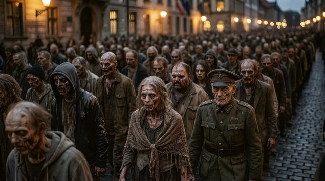 A huge crowd of zombies and ghouls wordlessly march in an organized procession down a city street in a dark apocalyptic scene
