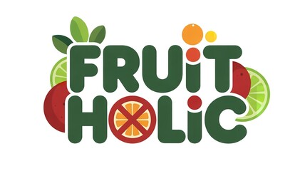 Naklejka premium Colorful fruit holic text logo with watermelon apple orange and leaves on white background