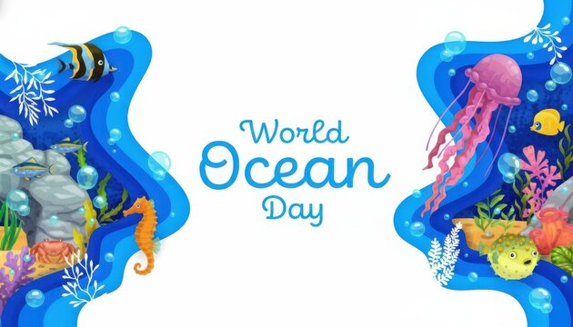 Vibrant ocean creatures on world ocean day isolated on white background