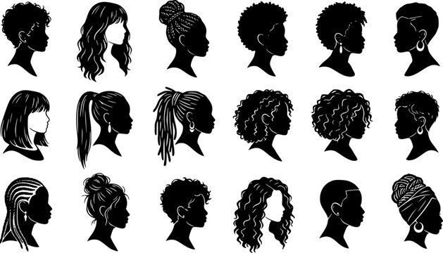 Collection of diverse female hairstyles and portrait sketches in black and white
silhouette vector