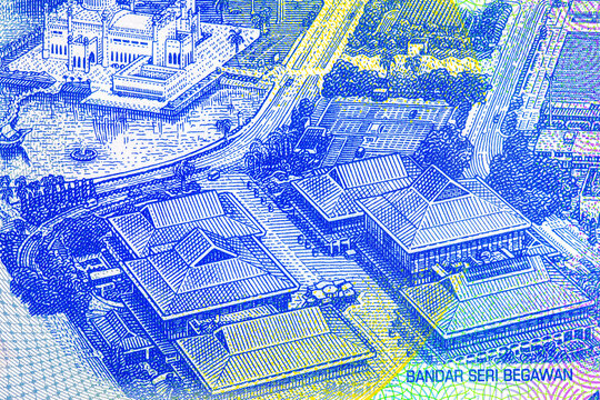 1 Dollar Brunei banknote featuring a detailed view of Bandar Seri Begawan, including the Sultan Omar Ali Saifuddien Mosque and traditional buildings. polymer currency from Negara Brunei Darussalam.
