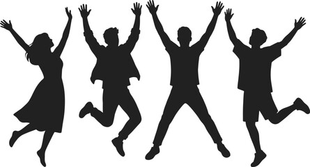 Fototapeta premium Black silhouette of happy group of friends jumping in the air with arms raised isolated on white background