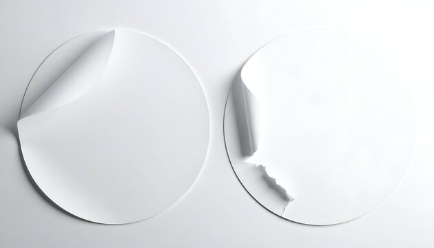 Two white round stickers with peel backs on a white surface