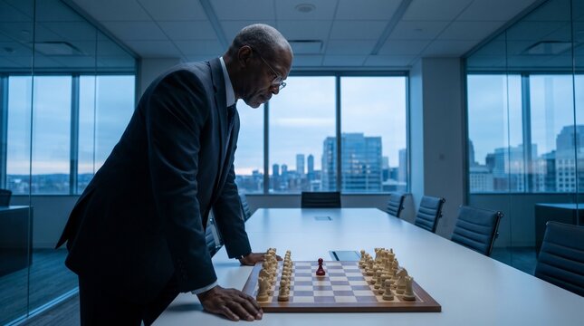 Businessman studies a chessboard on a conference table in a glass-walled office, using strategic planning and leadership focus against a modern city skyline at dusk.