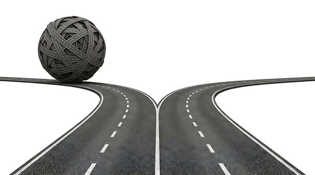 Fork in the road with a large sphere of tangled roads on one path representing complex decisions - 3d illustration