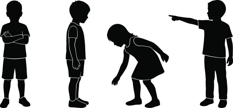 Black silhouettes of children in various poses including standing with crossed arms, pointing, and bending over on white background