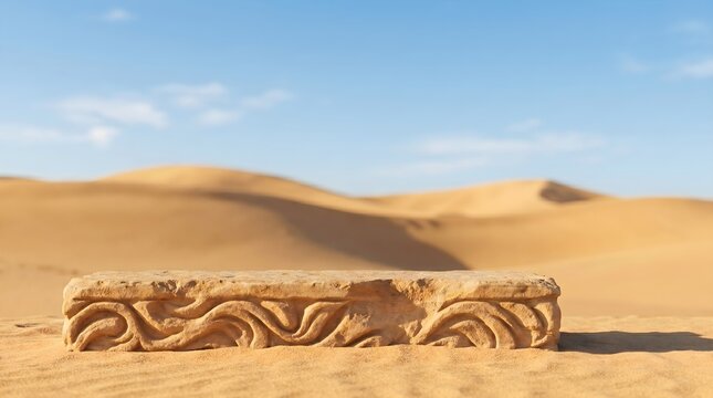 Ancient Carved Stone Pedestal in Golden Desert for Product Display. Minimalist Exotic Podium, Natural Showcase Backdrop.