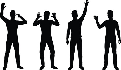 Black silhouettes of men in various poses waving hands and gesturing isolated on white background for commercial design projects © MDNAHIN