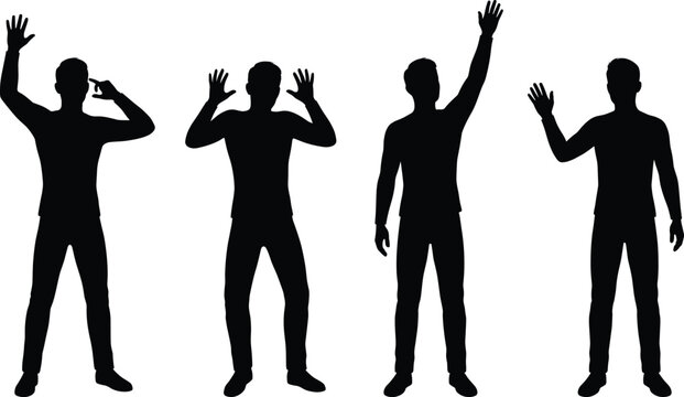 Black silhouettes of men in various poses waving hands and gesturing isolated on white background for commercial design projects