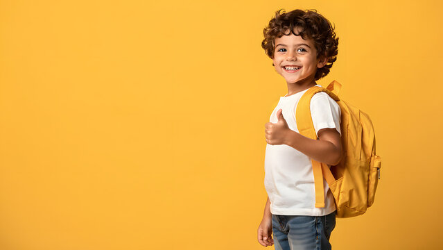 Happy Schoolboy With Backpack Showing Thumbs Up